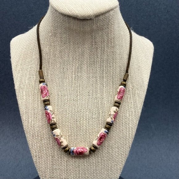 Floral Beaded Necklace Ceramic Pink Rose Cream Blue Green Bronze Cord Soft Girl - Picture 1 of 9